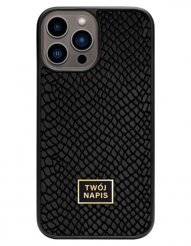 Etui premium skórzane, case na smartfon Apple iPhone 13 Pro Max. Skóra iguana czarna ze złotą blaszką - wzór klienta.
