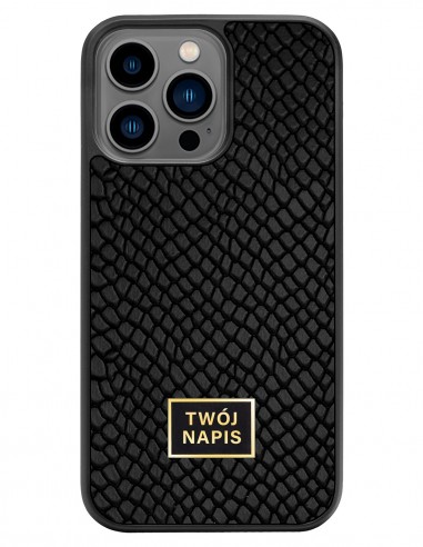 Etui premium skórzane, case na smartfon Apple iPhone 13 Pro. Skóra iguana czarna ze złotą blaszką - wzór klienta.