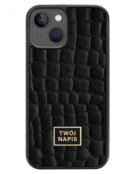 Etui premium skórzane, case na smartfon Apple iPhone 13. Skóra crocodile czarna ze złotą blaszką - wzór klienta.