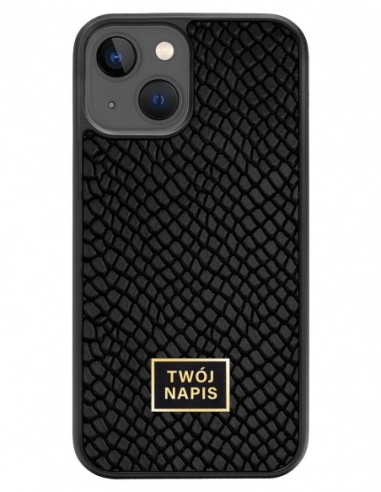Etui premium skórzane, case na smartfon Apple iPhone 13. Skóra iguana czarna ze złotą blaszką - wzór klienta.