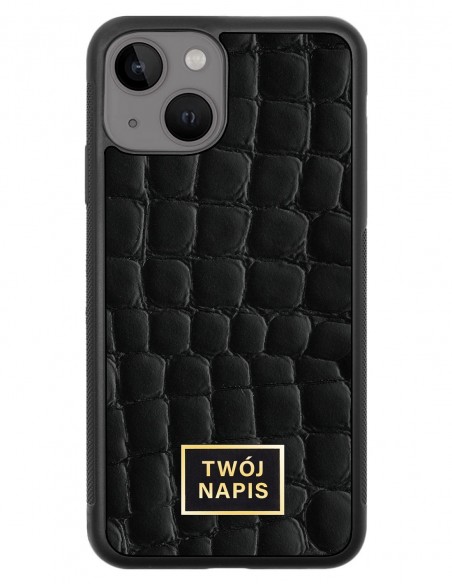 Etui premium skórzane, case na smartfon Apple iPhone 13 Mini. Skóra crocodile czarna ze złotą blaszką - wzór klienta.
