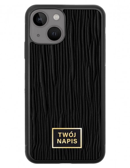 Etui premium skórzane, case na smartfon Apple iPhone 13 Mini. Skóra lizard czarna ze złotą blaszką - wzór klienta.