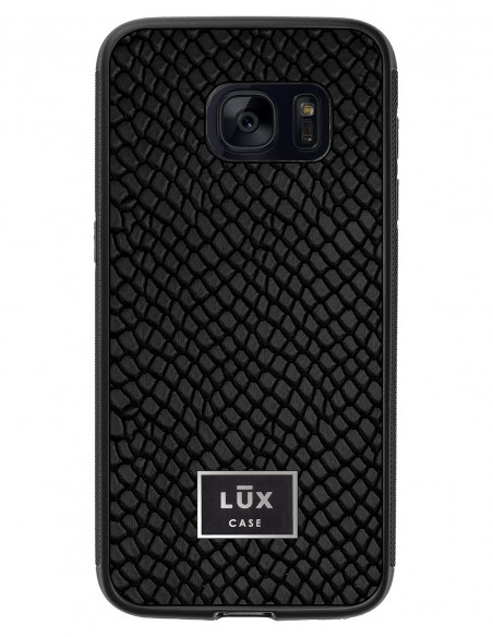 Etui premium skórzane, case na smartfon SAMSUNG GALAXY S7. Skóra iguana czarna ze srebrną blaszką.