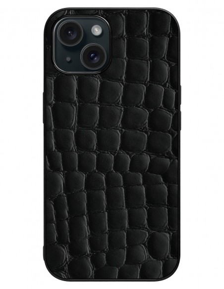 Etui premium skórzane, case na smartfon Apple iPhone 15. Skóra crocodile czarna.