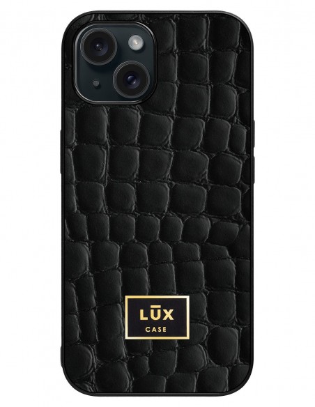 Etui premium skórzane, case na smartfon Apple iPhone 15. Skóra crocodile czarna ze złotą blaszką.