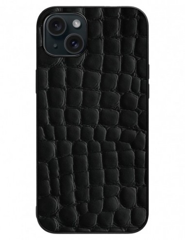 Etui premium skórzane, case na smartfon Apple iPhone 15 Plus. Skóra crocodile czarna.