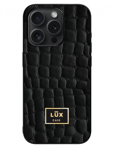 Etui premium skórzane, case na smartfon Apple iPhone 15 Pro. Skóra crocodile czarna ze złotą blaszką.