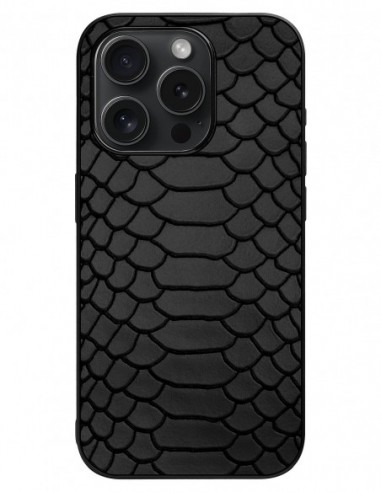 Etui premium skórzane, case na smartfon Apple iPhone 15 Pro. Skóra python czarna mat.