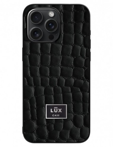 Etui premium skórzane, case na smartfon Apple iPhone 15 Pro Max. Skóra crocodile czarna ze srebrną blaszką.