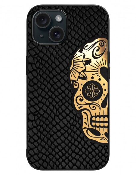 Etui premium skórzane, case na smartfon Apple iPhone 15. Skóra iguana czarna ze złotą czaszką.