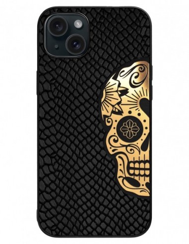 Etui premium skórzane, case na smartfon Apple iPhone 15 Pro Plus. Skóra iguana czarna ze złotą czaszką.