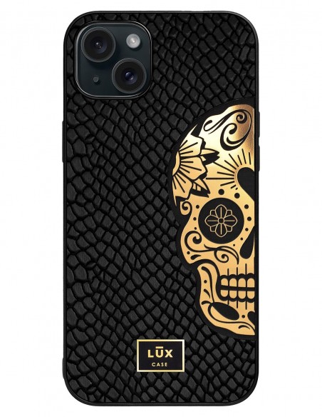 Etui premium skórzane, case na smartfon Apple iPhone 15 Pro Plus. Skóra iguana czarna ze złotą blaszką i czaszką.