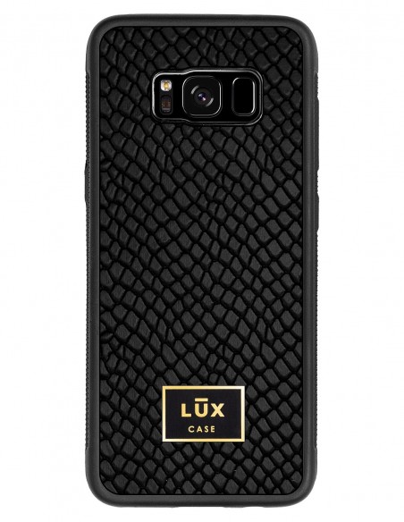 Etui premium skórzane, case na smartfon SAMSUNG GALAXY S8. Skóra iguana czarna ze złotą blaszką.