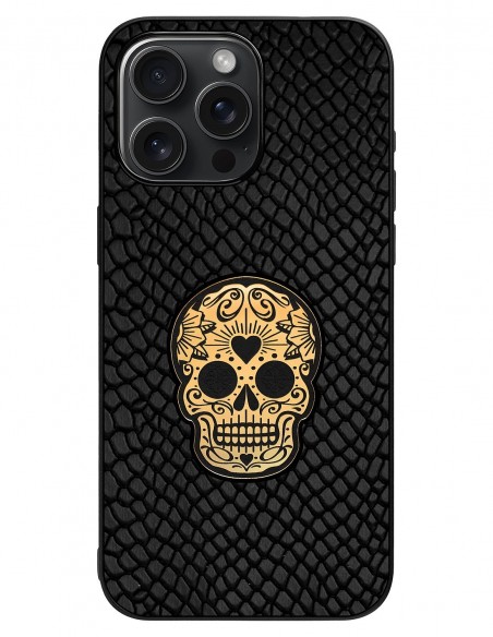 Etui premium skórzane, case na smartfon Apple iPhone 15 Pro Max. Skóra iguana czarna ze złotą czaszką.