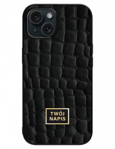 Etui premium skórzane, case na smartfon Apple iPhone 15. Skóra crocodile czarna ze złotą blaszką - wzór klienta.