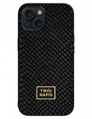 Etui premium skórzane, case na smartfon Apple iPhone 15. Skóra iguana czarna ze złotą blaszką - wzór klienta.