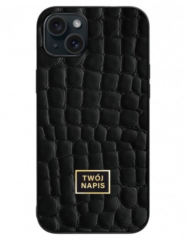 Etui premium skórzane, case na smartfon Apple iPhone 15 Plus. Skóra crocodile czarna ze złotą blaszką - wzór klienta.