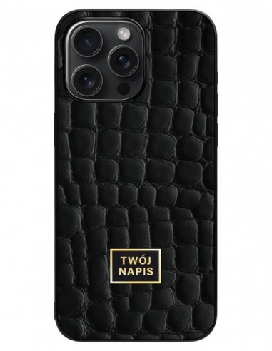 Etui premium skórzane, case na smartfon Apple iPhone 15 Pro Max. Skóra crocodile czarna ze złotą blaszką - wzór klienta.