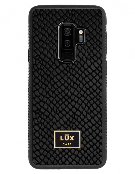 Etui premium skórzane, case na smartfon SAMSUNG GALAXY S9 PLUS. Skóra iguana czarna ze złotą blaszką.
