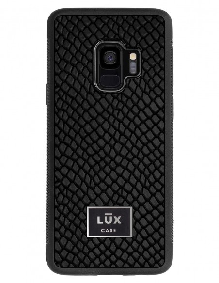 Etui premium skórzane, case na smartfon SAMSUNG GALAXY S9. Skóra iguana czarna ze srebrną blaszką.