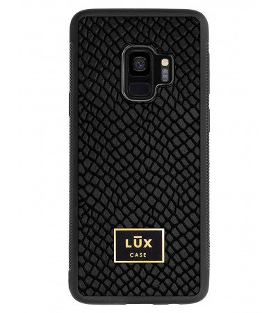 Etui premium skórzane, case na smartfon SAMSUNG GALAXY S9. Skóra iguana czarna ze złotą blaszką.