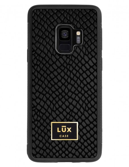 Etui premium skórzane, case na smartfon SAMSUNG GALAXY S9. Skóra iguana czarna ze złotą blaszką.