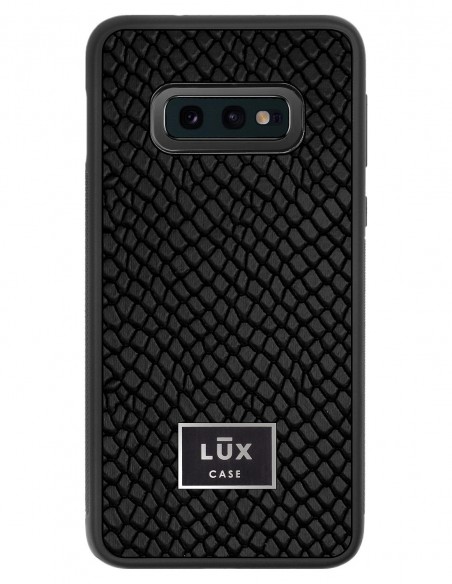 Etui premium skórzane, case na smartfon SAMSUNG GALAXY S10E. Skóra iguana czarna ze srebrną blaszką.