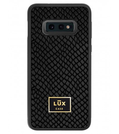 Etui premium skórzane, case na smartfon SAMSUNG GALAXY S10E. Skóra iguana czarna ze złotą blaszką.