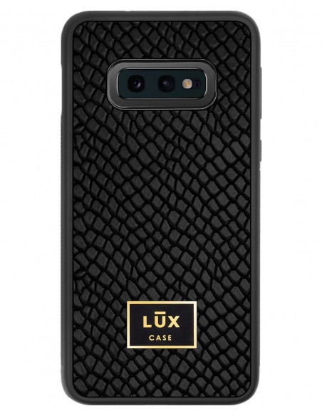 Etui premium skórzane, case na smartfon SAMSUNG GALAXY S10E. Skóra iguana czarna ze złotą blaszką.