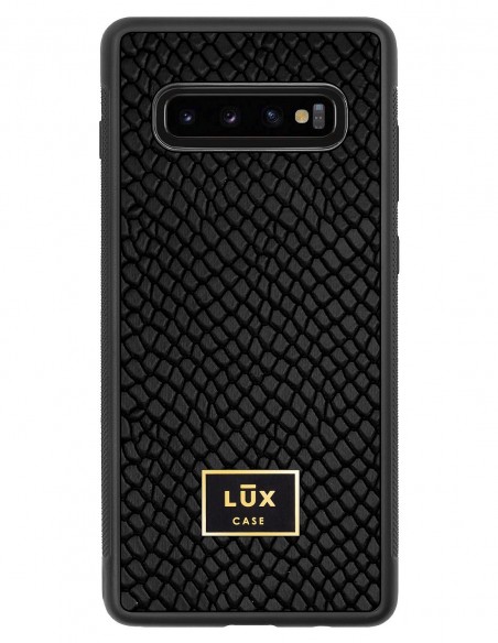 Etui premium skórzane, case na smartfon SAMSUNG GALAXY S10 PLUS. Skóra iguana czarna ze złotą blaszką.