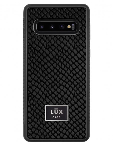 Etui premium skórzane, case na smartfon SAMSUNG GALAXY S10. Skóra iguana czarna ze srebrną blaszką.
