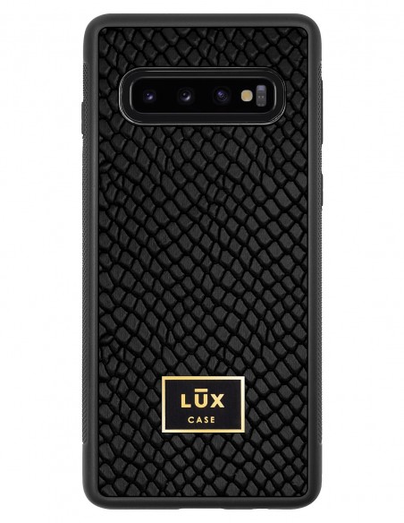 Etui premium skórzane, case na smartfon SAMSUNG GALAXY S10. Skóra iguana czarna ze złotą blaszką.