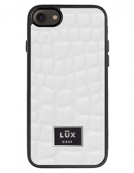 Etui premium skórzane, case na smartfon APPLE iPhone SE (2020). Skóra crocodile biała ze srebrną blaszką.