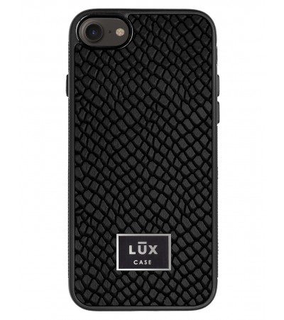 Etui premium skórzane, case na smartfon APPLE iPhone SE (2020). Skóra iguana czarna ze srebrną blaszką.