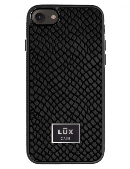 Etui premium skórzane, case na smartfon APPLE iPhone SE (2020). Skóra iguana czarna ze srebrną blaszką.