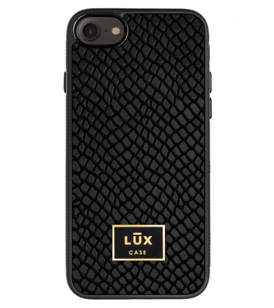 Etui premium skórzane, case na smartfon APPLE iPhone SE (2020). Skóra iguana czarna ze złotą blaszką.