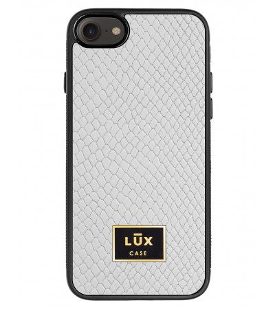Etui premium skórzane, case na smartfon APPLE iPhone SE (2020). Skóra iguana biała ze złotą blaszką.