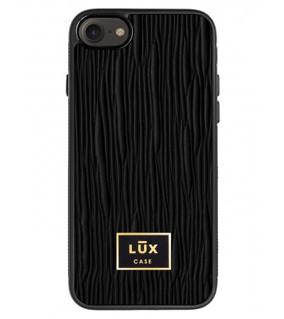 Etui premium skórzane, case na smartfon APPLE iPhone SE (2020). Skóra lizard czarna ze złotą blaszką.