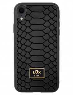 Etui premium skórzane, case na smartfon APPLE iPhone XR. Skóra python czarna mat ze złotą blaszką.