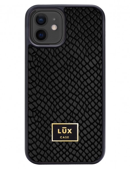 Etui premium skórzane, case na smartfon APPLE iPhone 12. Skóra iguana czarna ze złotą blaszką.