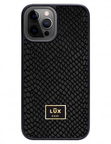 Etui premium skórzane, case na smartfon APPLE iPhone 12 PRO MAX. Skóra iguana czarna ze złotą blaszką.
