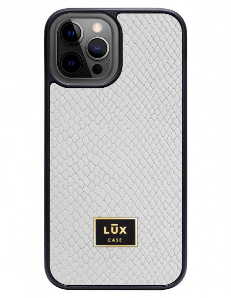 Etui premium skórzane, case na smartfon APPLE iPhone 12 PRO MAX. Skóra iguana biała ze złotą blaszką.