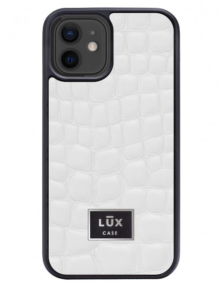 Etui premium skórzane, case na smartfon APPLE iPhone 12. Skóra crocodile biała ze srebrną blaszką.