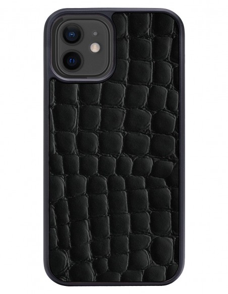 Etui premium skórzane, case na smartfon APPLE iPhone 12. Skóra crocodile czarna.