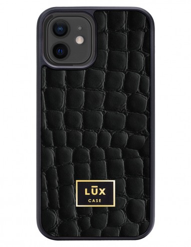 Etui premium skórzane, case na smartfon APPLE iPhone 12. Skóra crocodile czarna ze złotą blaszką.