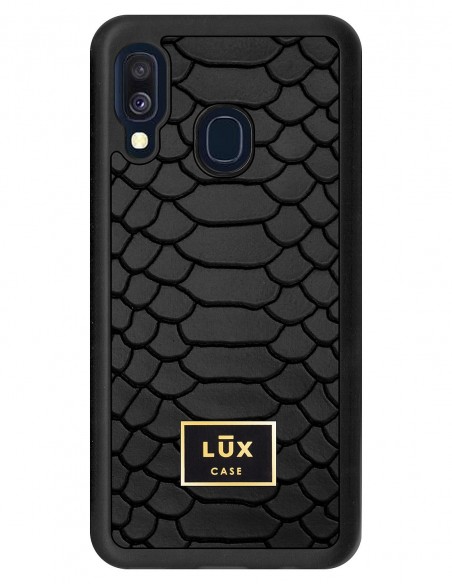 Etui premium skórzane, case na smartfon SAMSUNG GALAXY A40. Skóra python czarna mat ze złotą blaszką.