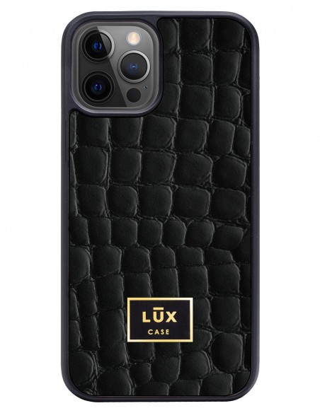 Etui premium skórzane, case na smartfon APPLE iPhone 12 PRO. Skóra crocodile czarna ze złotą blaszką.