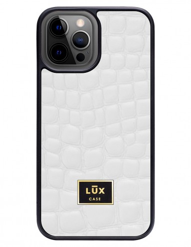 Etui premium skórzane, case na smartfon APPLE iPhone 12 PRO MAX. Skóra crocodile biała ze złotą blaszką.
