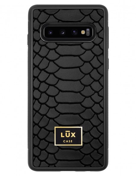 Etui premium skórzane, case na smartfon SAMSUNG GALAXY S10. Skóra python czarna mat ze złotą blaszką.