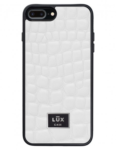 Etui premium skórzane, case na smartfon APPLE iPhone 7 PLUS. Skóra crocodile biała ze srebrną blaszką.